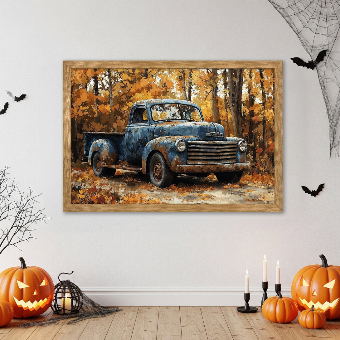 Framed Poster of vintage blue truck in autumn forest. Rustic art with warm orange and brown tones. Perfect fall decor!