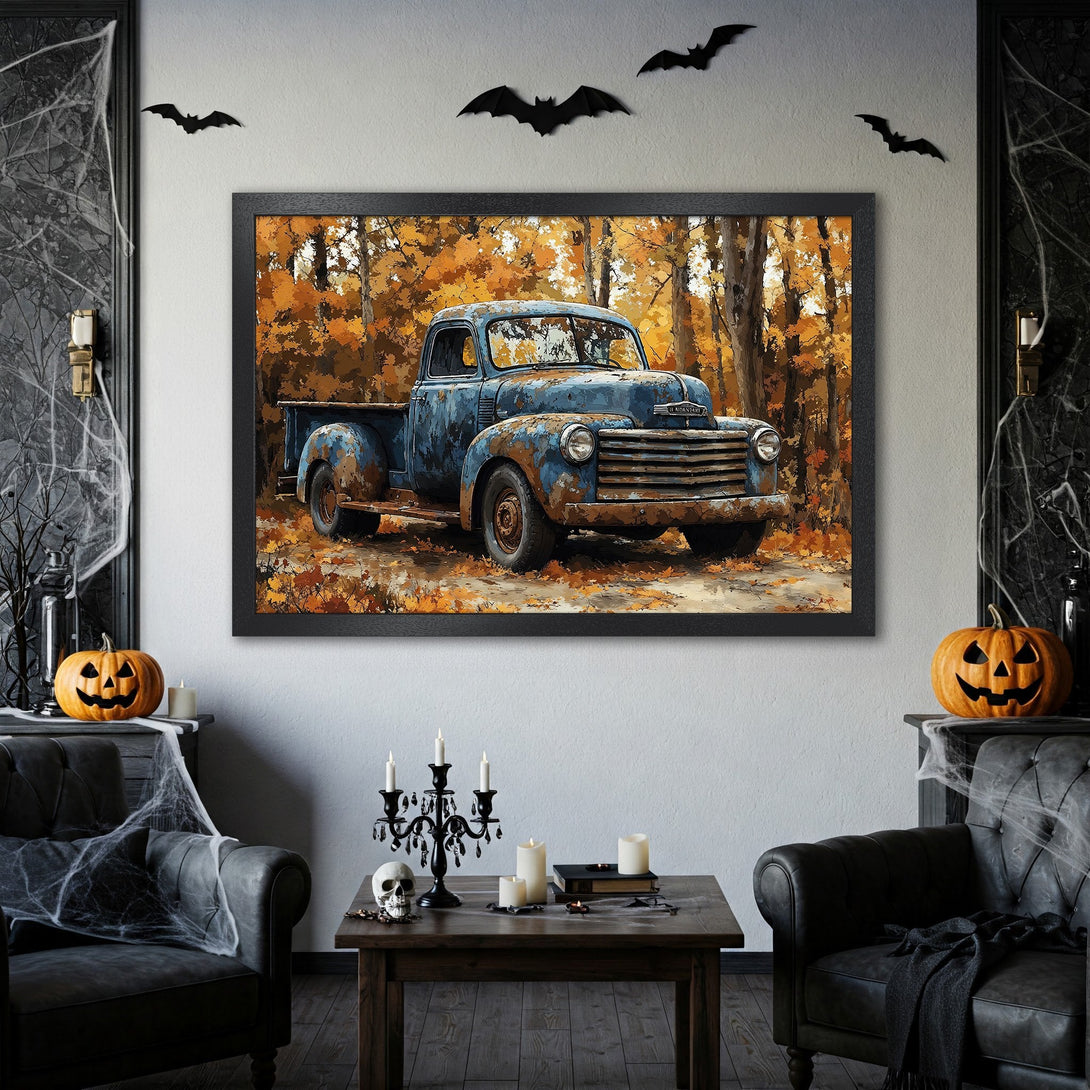 Framed Poster featuring a vintage blue truck in autumn forest. Rustic style, warm orange & blue color palette. Perfect wall art for fall!