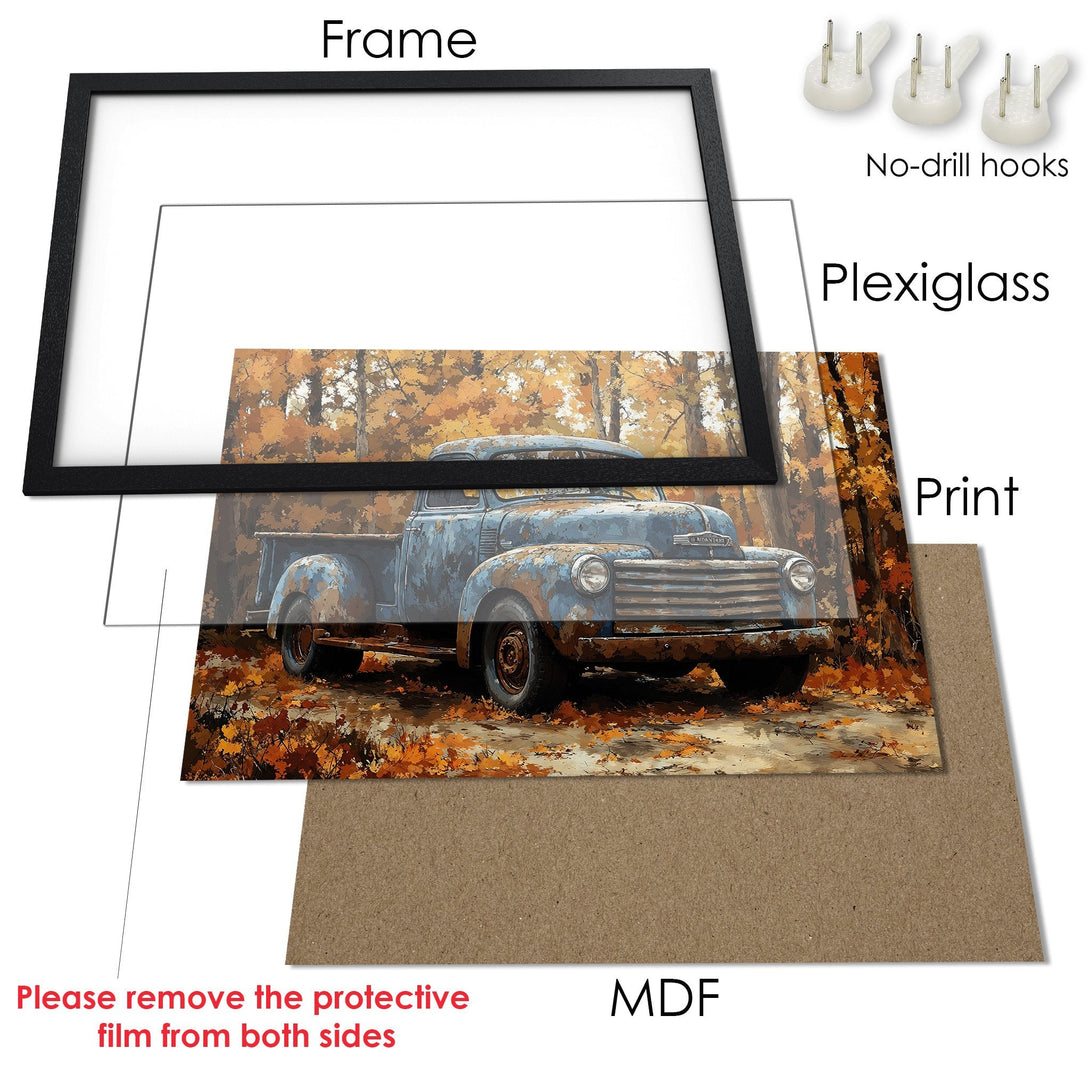 Framed Poster featuring a vintage truck in autumn colors. Rustic art style with warm orange and blue tones. Perfect wall decor!