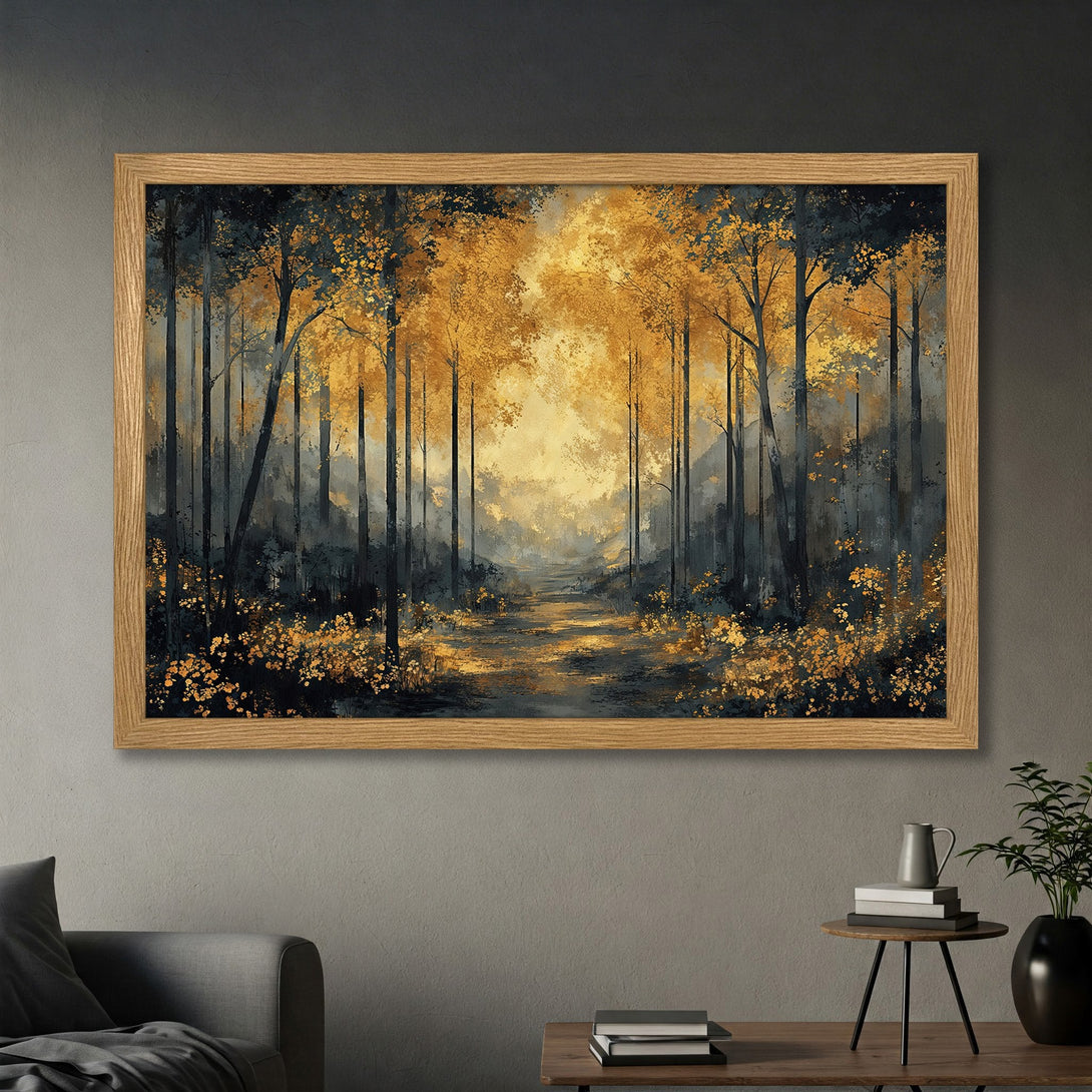 Framed Poster of a serene forest scene in watercolor style with gold and dark blue tones. Perfect wall art!