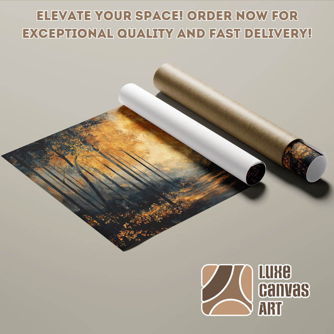 Abstract forest poster roll with gold, teal, and brown color palette. Elevate your space with this art poster.