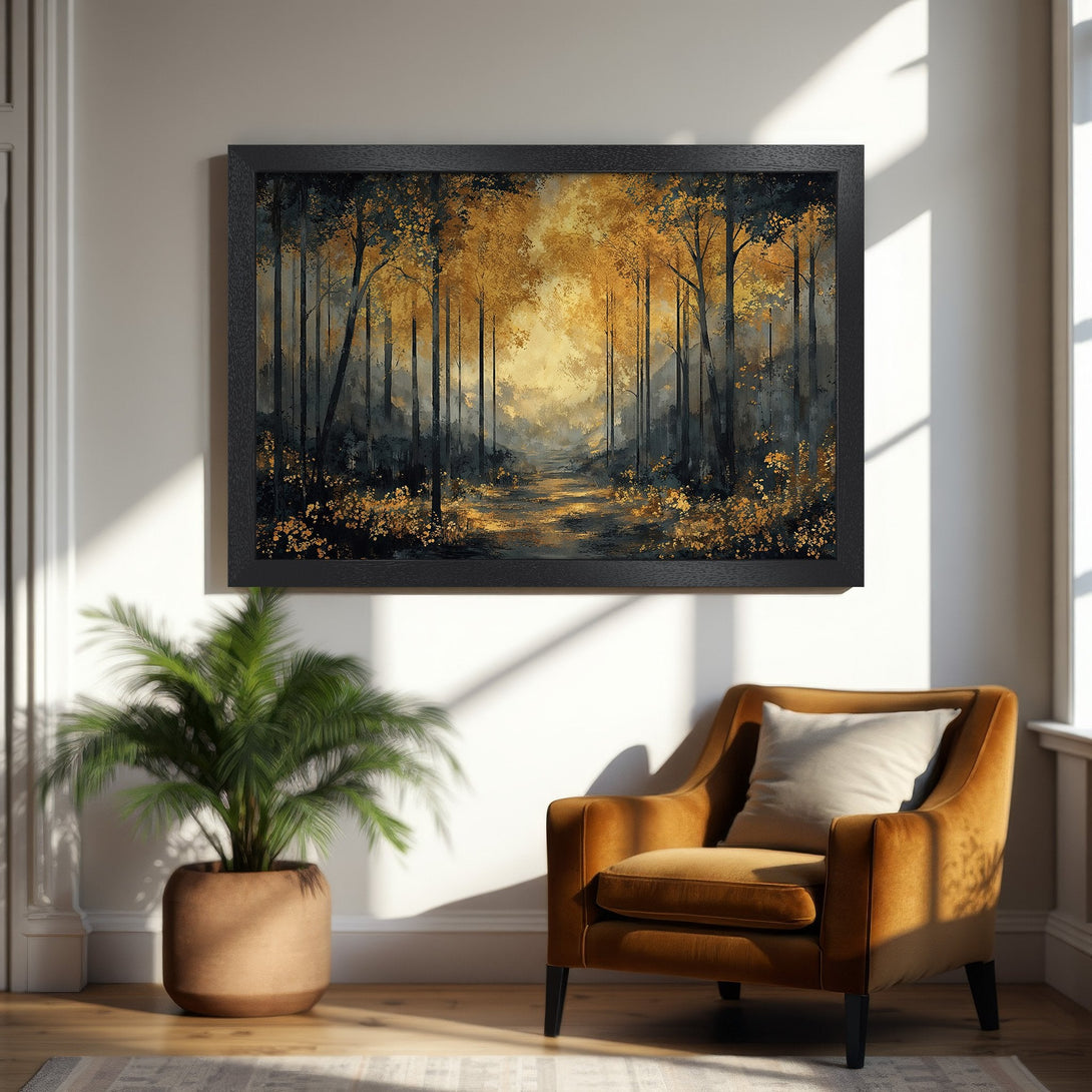 Framed Poster: Forest scene art print in gold and dark tones. Perfect wall decor for a cozy living room.
