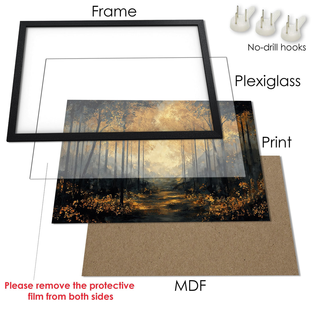 Framed Poster: Forest scene art print with gold and black color palette. Perfect wall decor for your home.