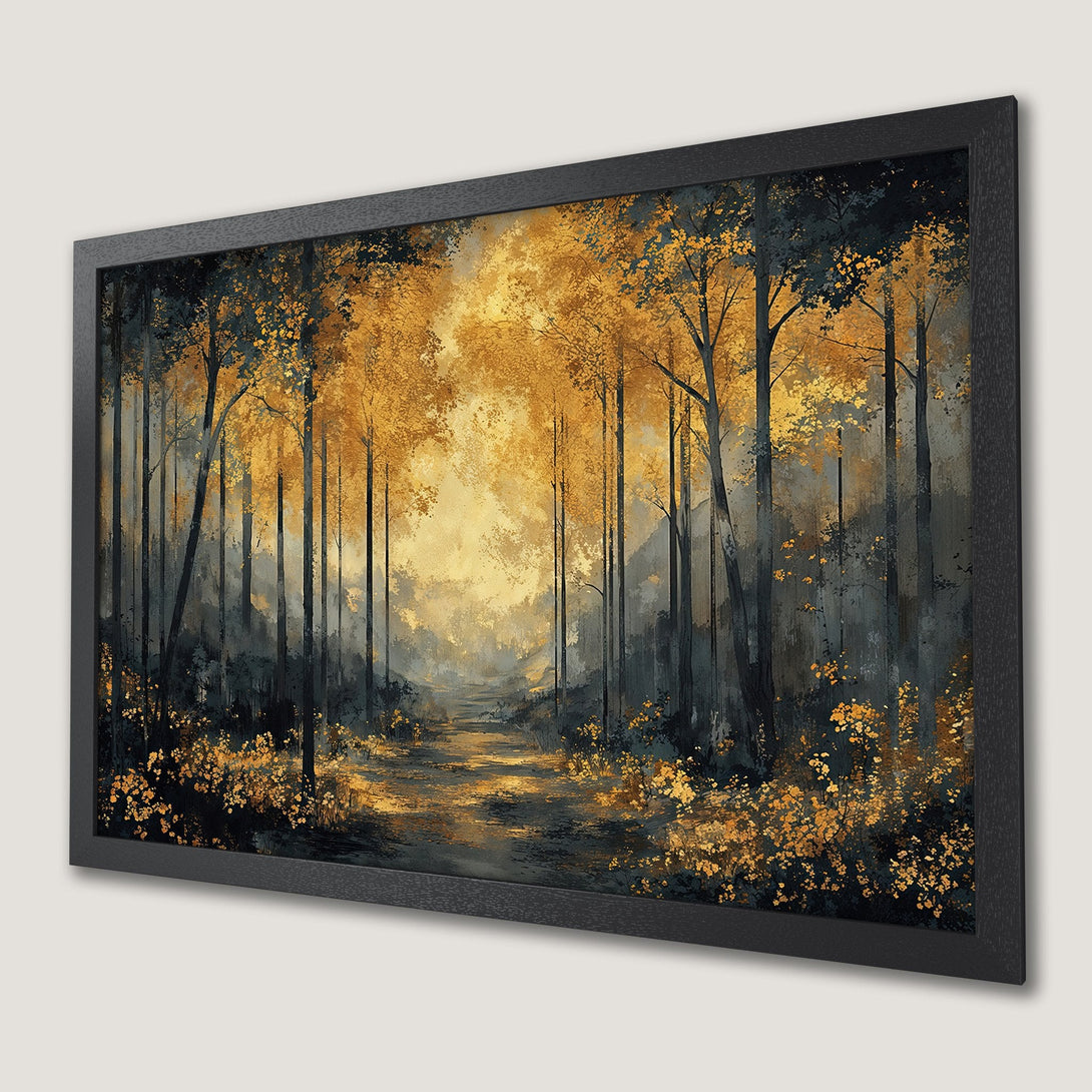 Framed Poster: Forest painting in gold and dark teal, perfect for adding a touch of nature and elegance to your home.