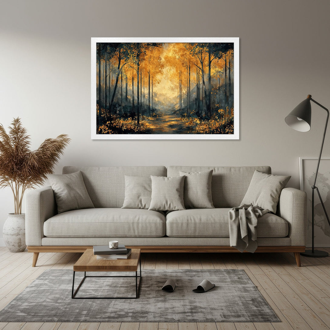 Framed Poster featuring a forest scene in warm gold and dark green tones. Perfect art for living room decor.