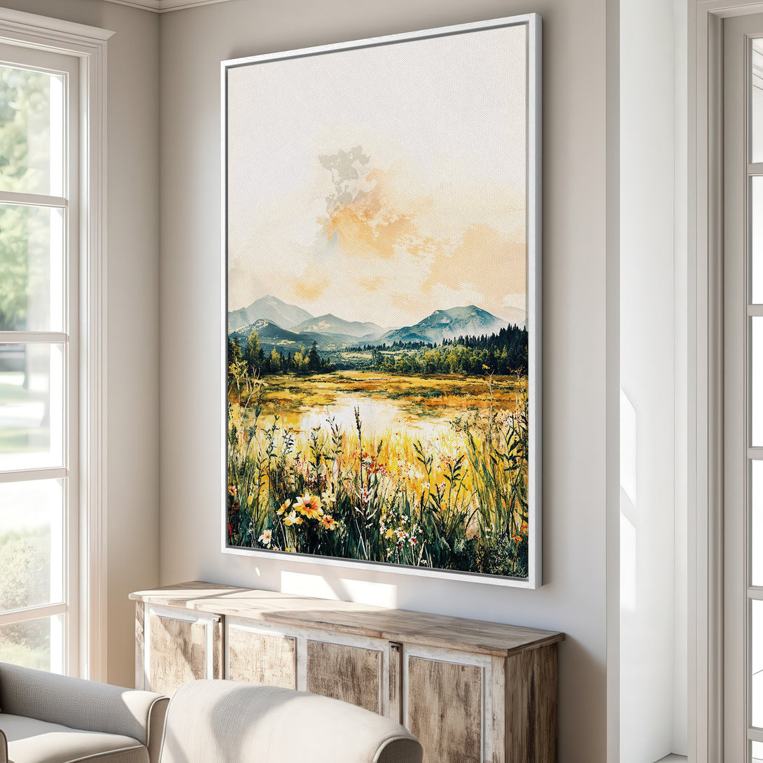 Canvas Print of a serene landscape painting with mountains, lake, and wildflowers in a warm, inviting color palette. Ideal for home decor.