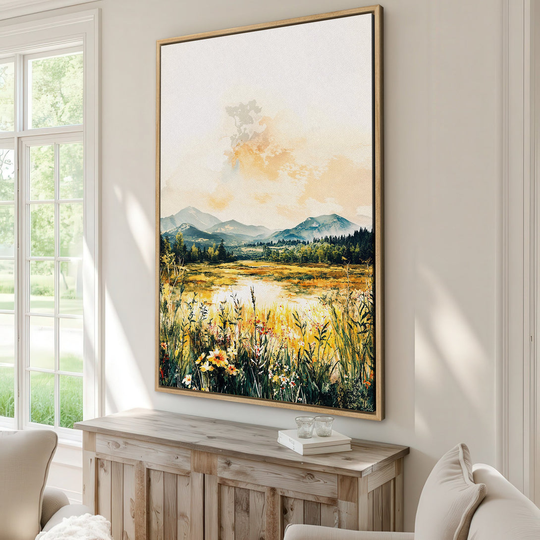 Framed Wall Art: Landscape Canvas Print with mountains and wildflowers in warm yellow and green tones. Perfect for adding a touch of nature to your home decor.