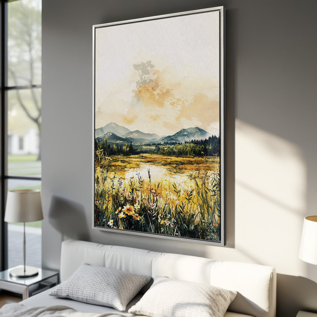 Framed Wall Art: Landscape Canvas Print in warm yellow and green tones. Adds a touch of nature and serenity to your bedroom decor. Shop now!