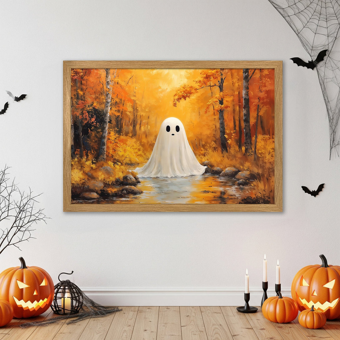 Framed Poster featuring a whimsical ghost in an autumn forest scene. Warm orange and yellow hues, perfect Halloween decor.