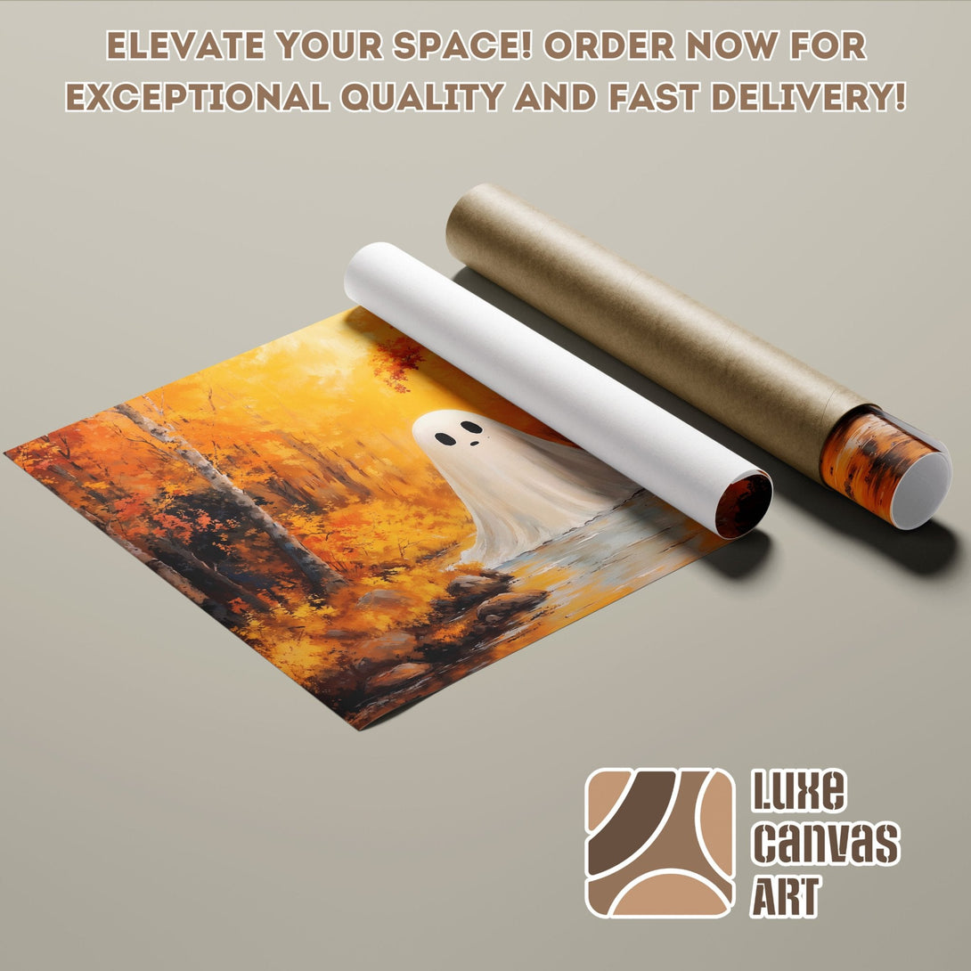 Autumn landscape poster roll with ghost, warm color palette. Elevate your space! Order now!