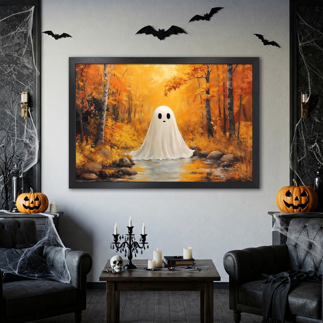 Framed Poster featuring a whimsical ghost in an autumn forest scene. Warm orange and yellow color palette, perfect for Halloween decor.