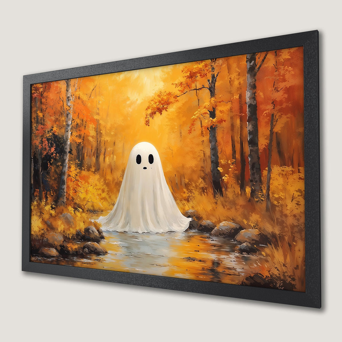 Framed Poster of a friendly ghost in an autumn forest, painted in a whimsical style with a warm orange and yellow color palette.