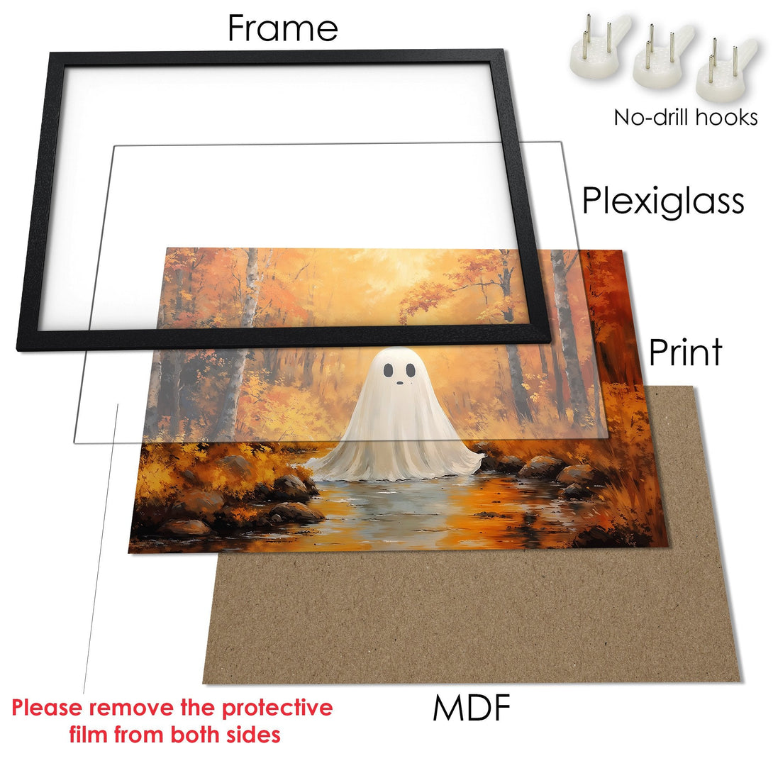 Framed Poster featuring a whimsical ghost in an autumn landscape with warm orange tones. Perfect Halloween decor!