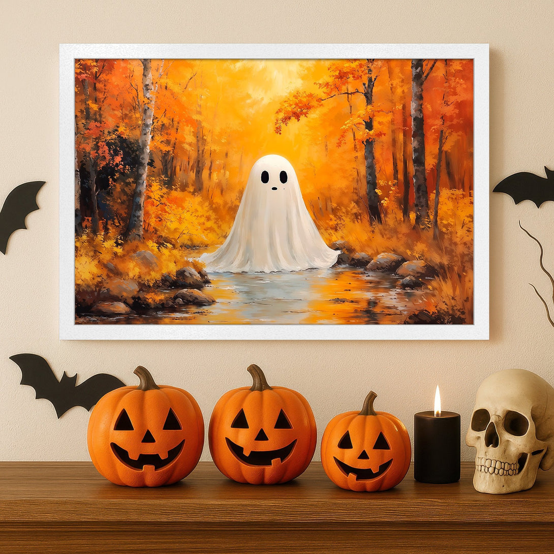 Framed Poster featuring a ghost in an autumn forest, warm orange and yellow color palette, perfect Halloween decor.