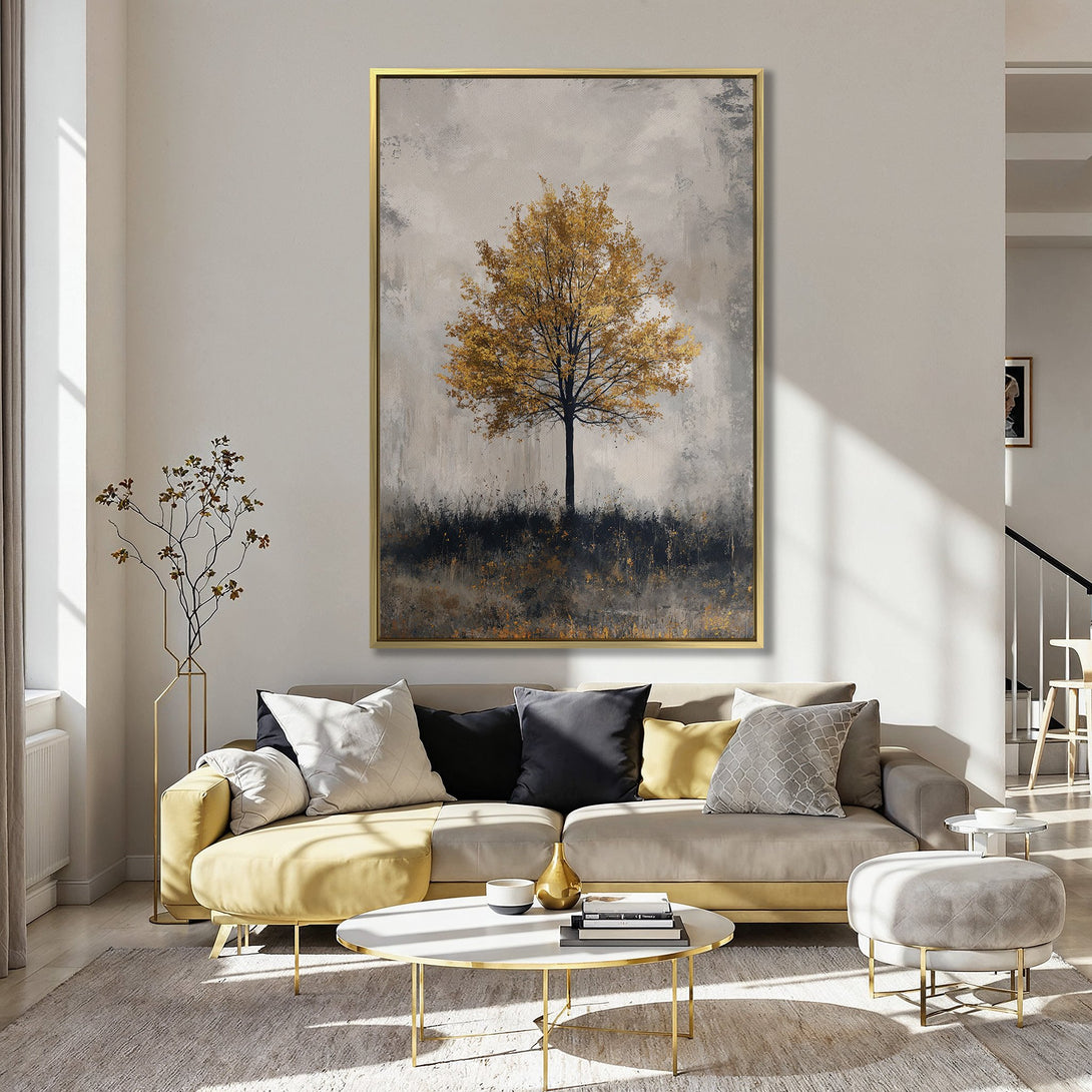 Canvas Print: Abstract tree art with gold and gray tones. Adds warmth to any space. Perfect for modern home decor.