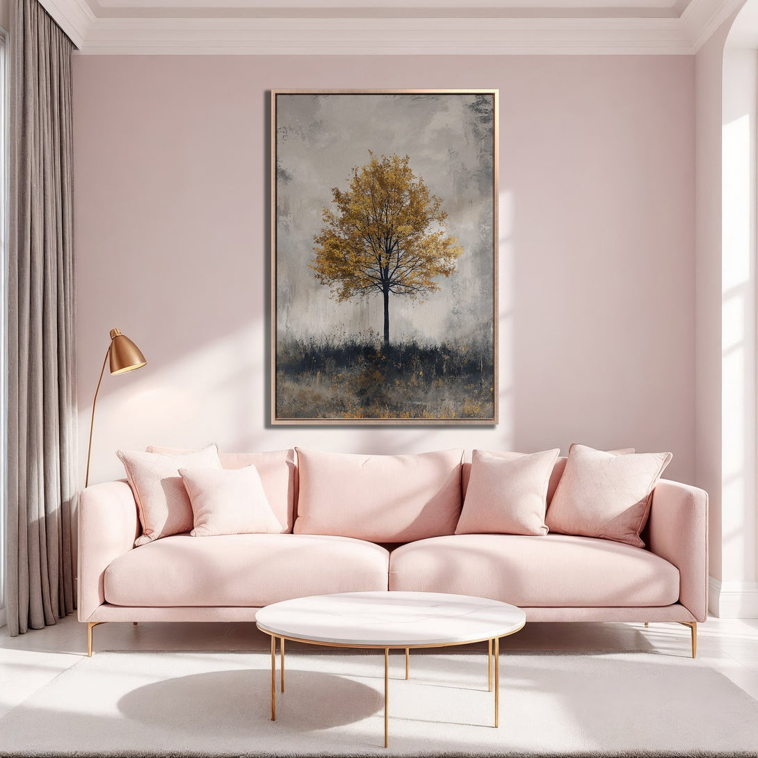 Framed Wall Art featuring a golden tree painting in a modern interior. Soft pink and gold color palette, perfect for adding elegance to your space.