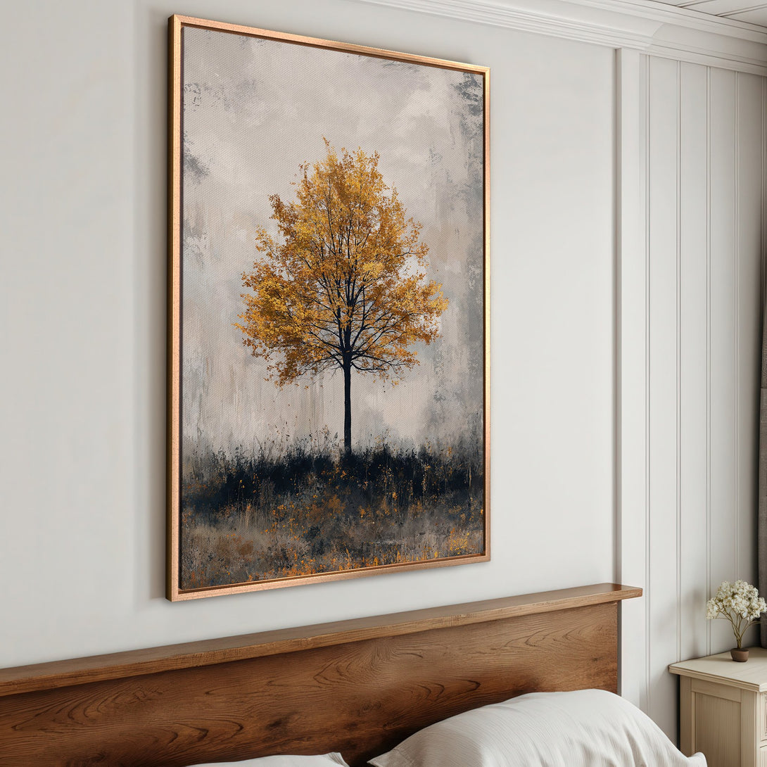 Framed Wall Art: Abstract tree painting in gold and neutral tones. Perfect for bedroom decor. Add a touch of nature to your space.