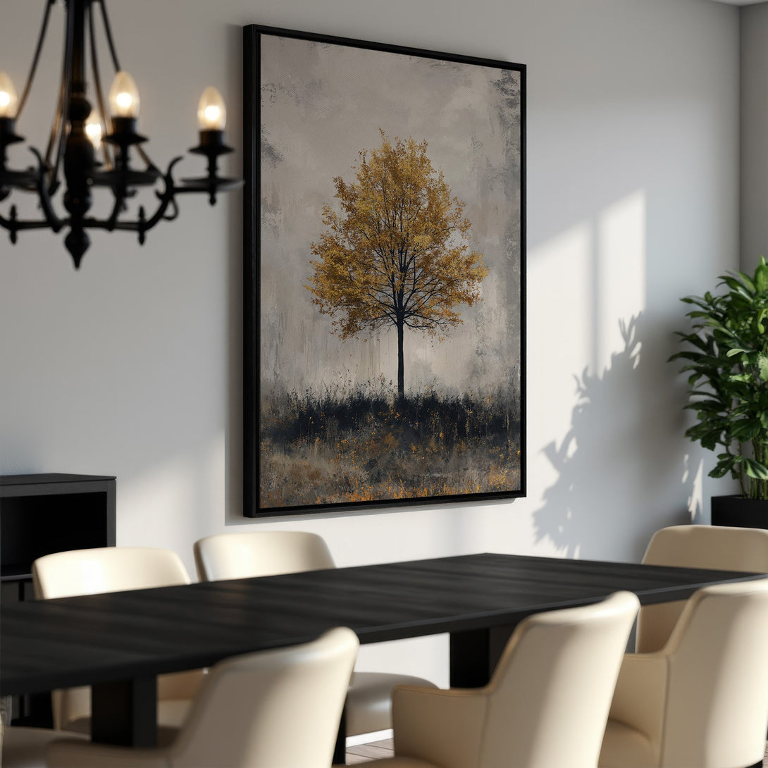 Framed Wall Art: Abstract tree art in gold and gray tones. Modern canvas print adds elegance to dining room decor. Shop now for stylish wall art.