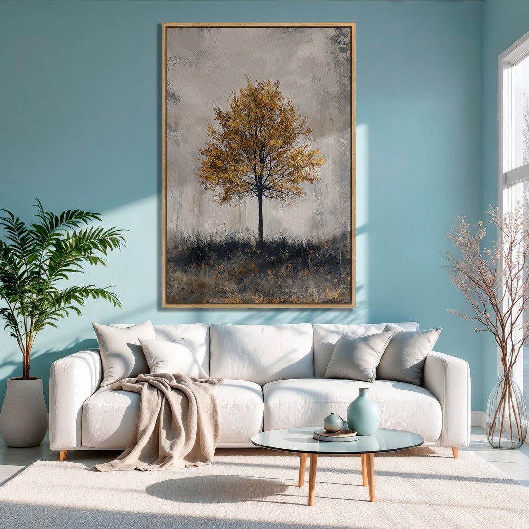 Framed Wall Art: Abstract tree art in gold & gray tones. Modern Canvas Print adds a touch of nature to any room. Serene & stylish home decor.