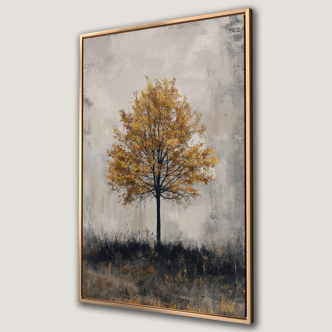 Framed Wall Art: Abstract tree painting in muted gold, gray, and black. Modern canvas print for home decor. Add a touch of nature to your space.