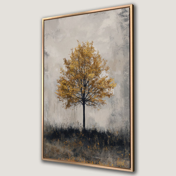 Framed Wall Art: Abstract tree painting in muted gold, gray, and black. Modern canvas print for home decor. Add a touch of nature to your space.