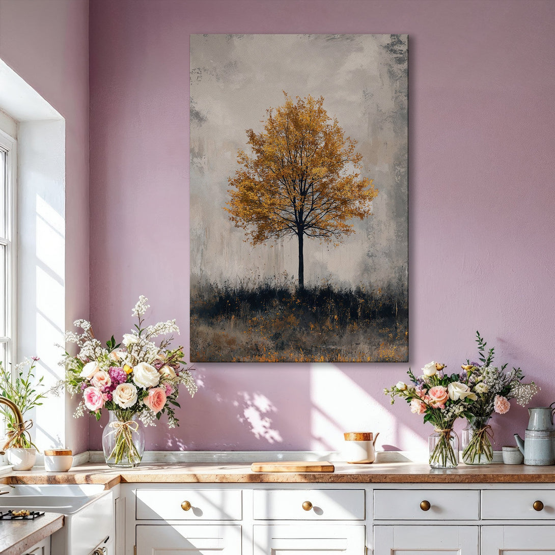 Framed Wall Art: Abstract tree art in gold and gray tones. Modern canvas print adds elegance to any living room. Shop our collection today!