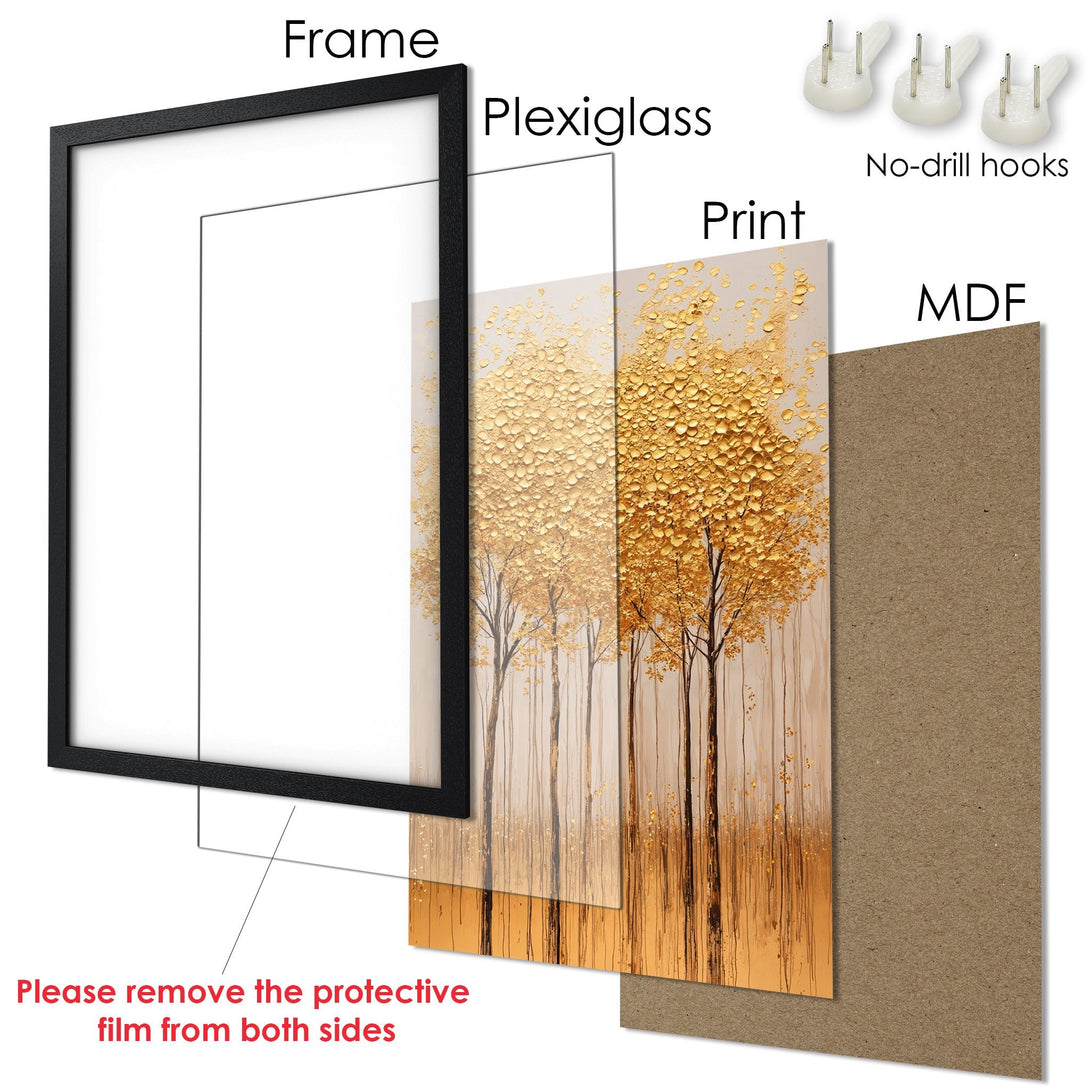 Framed Poster of golden textured trees art print. Modern style, warm gold & brown color palette. Ready to hang wall decor.