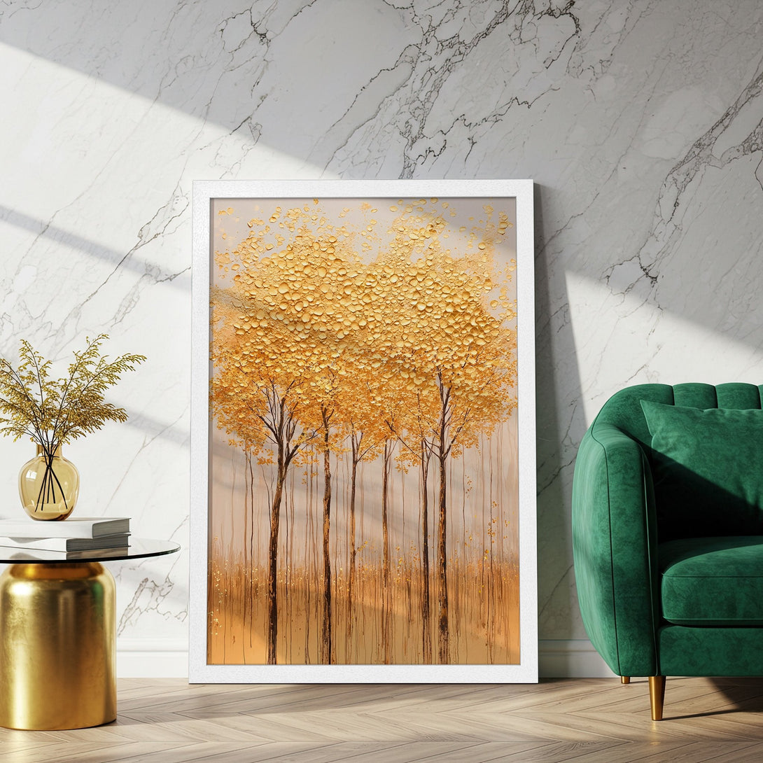 Framed Poster featuring golden textured trees, warm tones. Perfect art for modern decor. Enhance your space with this stunning Poster!