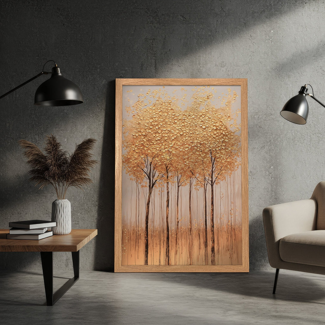Framed Poster featuring golden textured trees in a minimalist style with a warm, neutral color palette. Perfect wall art for any space!