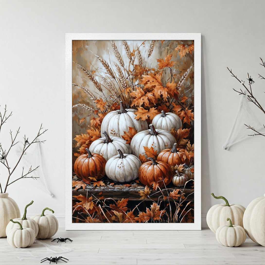Framed Poster featuring a still life of pumpkins and autumn leaves, warm orange and brown tones, perfect fall decor.