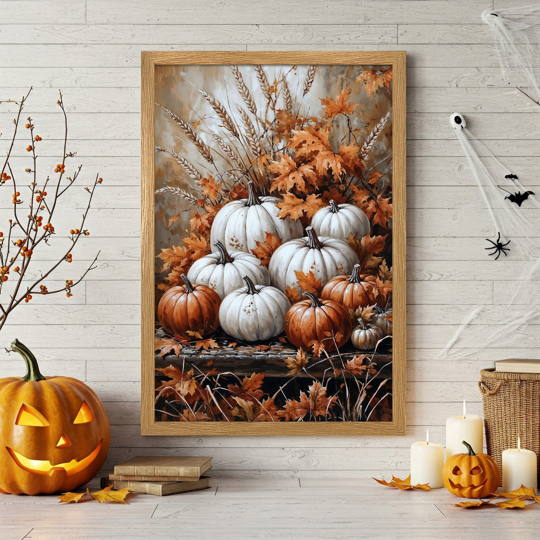 Framed Poster featuring pumpkins and autumn leaves in warm orange and white tones. Perfect fall decor!