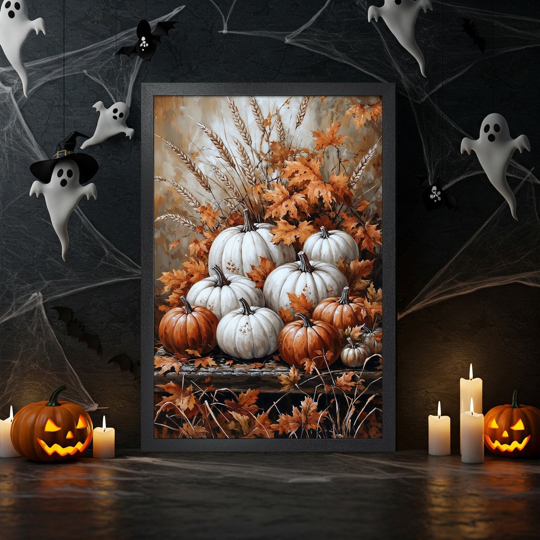 Framed Poster featuring pumpkins & autumn leaves in warm tones. Perfect Halloween decor!