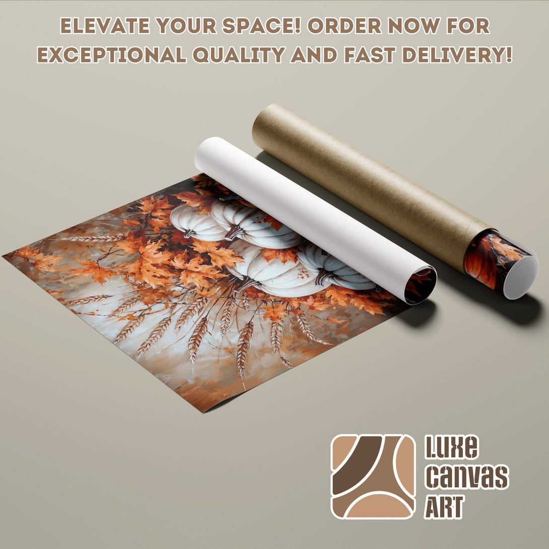 Poster Roll featuring white pumpkins and autumn leaves, warm color palette, perfect wall art.