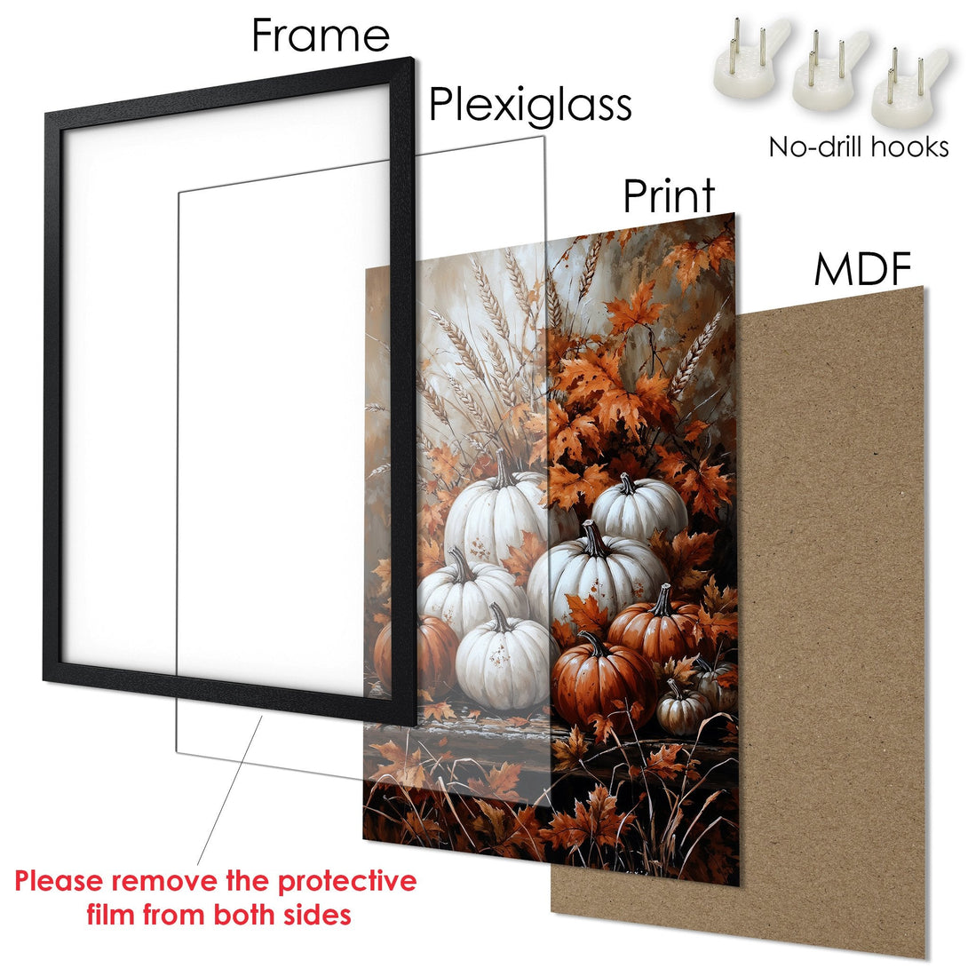 Framed Poster featuring pumpkins in warm autumn colors. Perfect fall decor! Shop our art poster collection today.