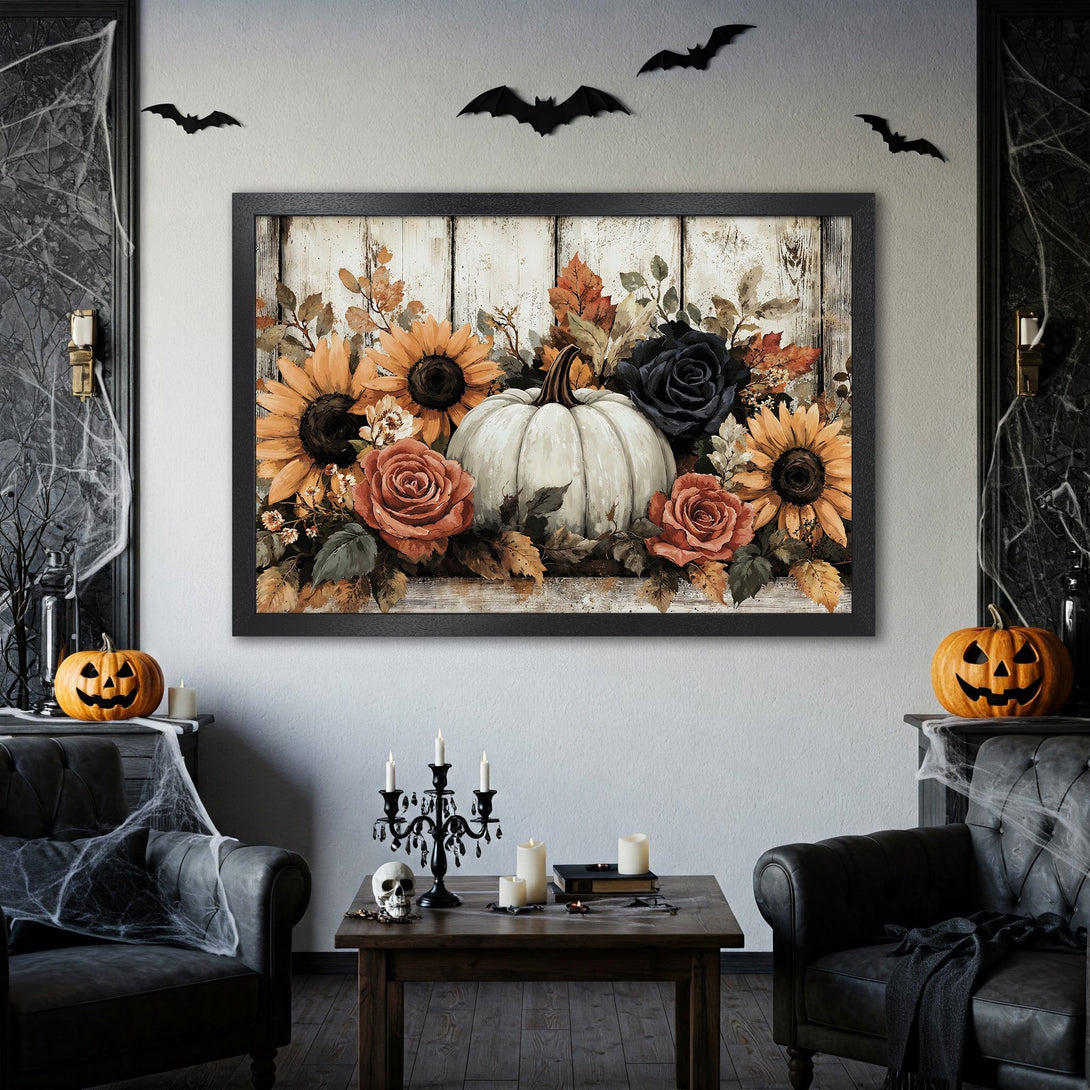 Framed Poster featuring a Halloween floral arrangement with sunflowers, roses, and pumpkin. Rustic style, warm autumn color palette. Perfect Halloween decor.