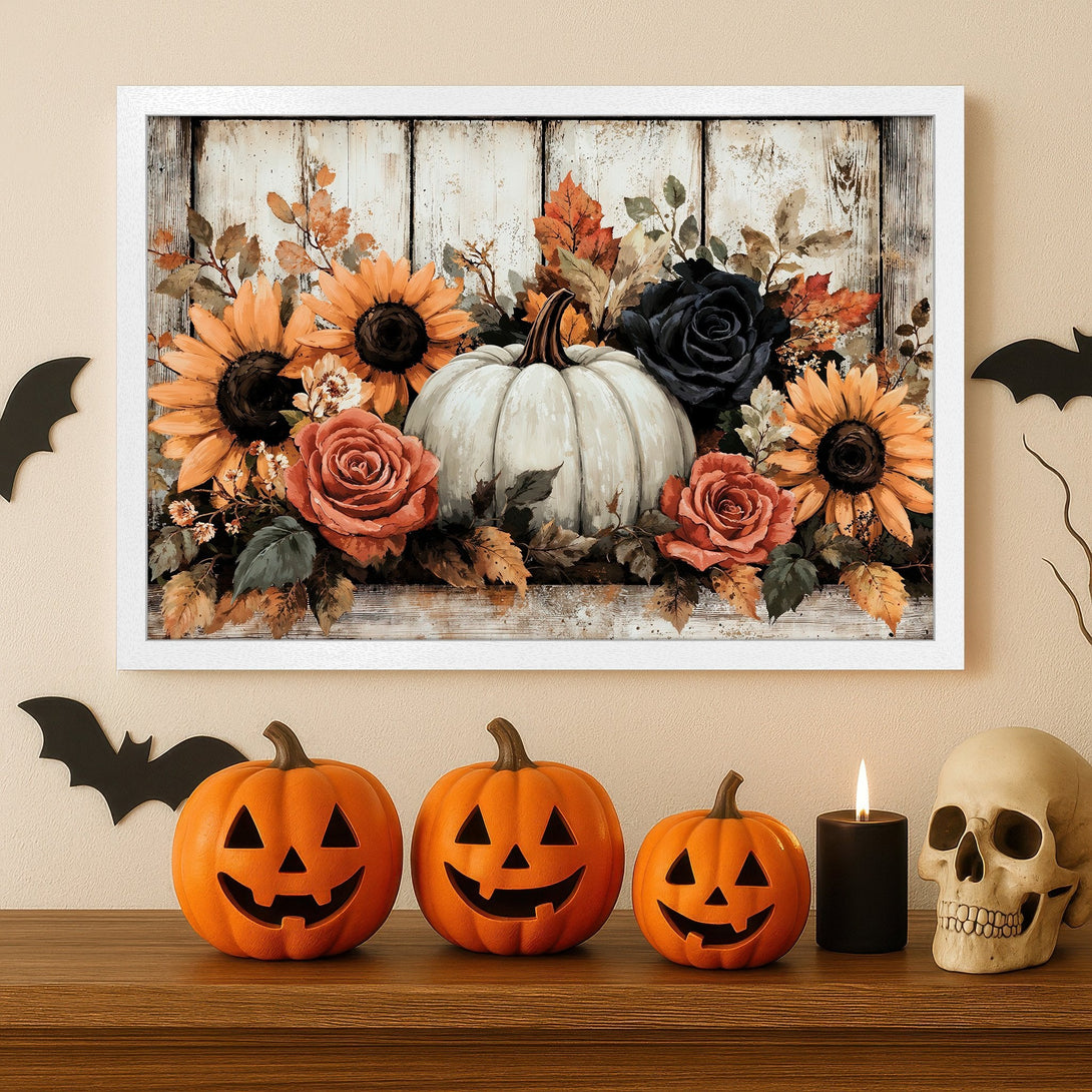 Framed Poster: Autumn floral art with sunflowers, pumpkins, and roses in warm tones. Perfect fall decor!