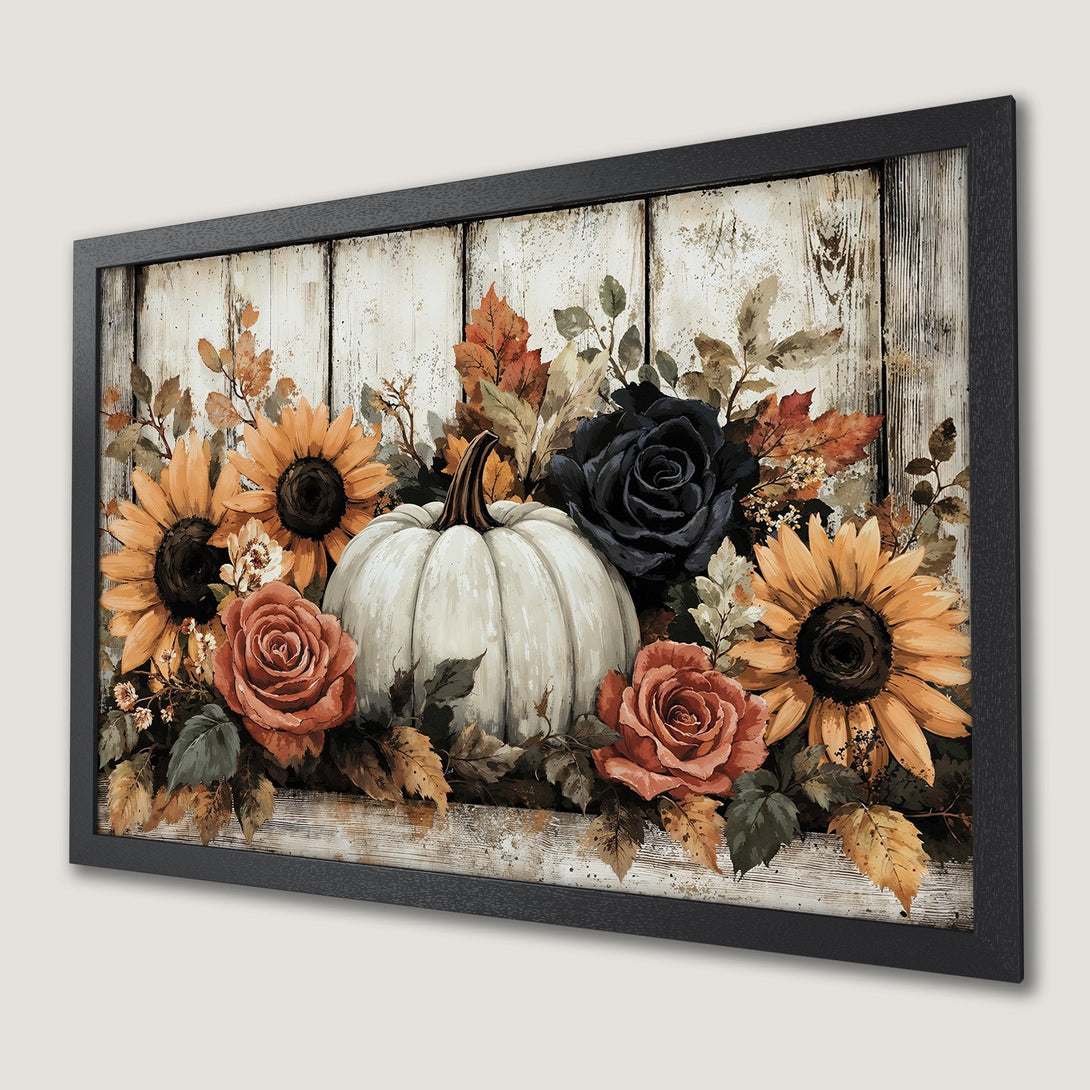 Framed Poster featuring a pumpkin, sunflowers, and roses in a rustic style with warm, autumnal colors. Perfect fall decor!