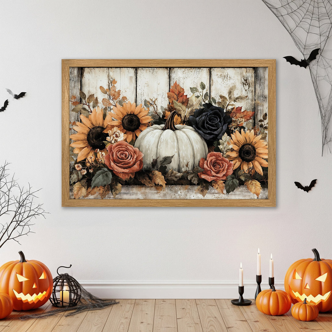 Framed Poster featuring a fall floral arrangement with pumpkins, sunflowers, and roses. Rustic style, warm orange and black color palette.