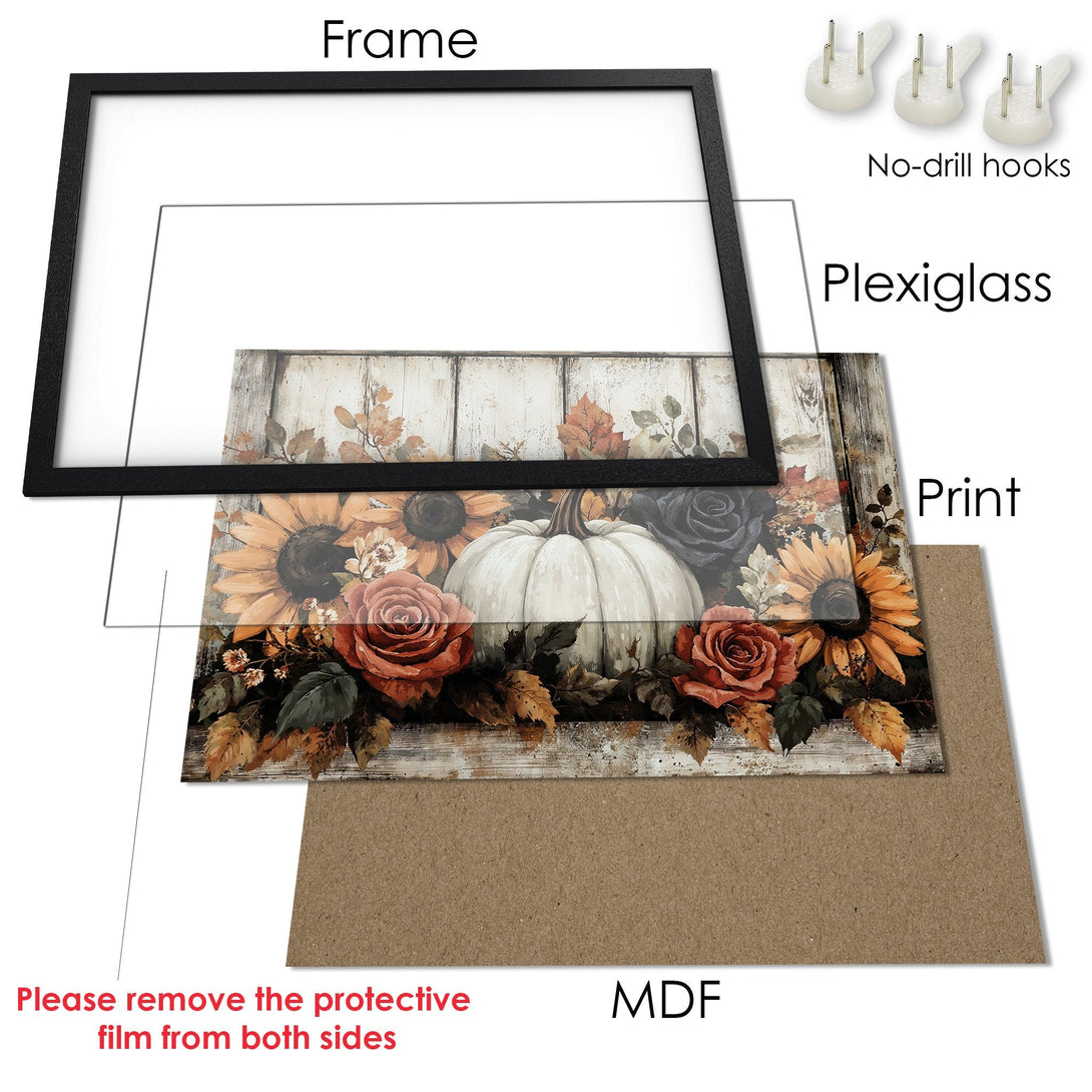 Framed Poster featuring a floral pumpkin design in warm autumn tones. Rustic style with black frame, perfect for fall decor.