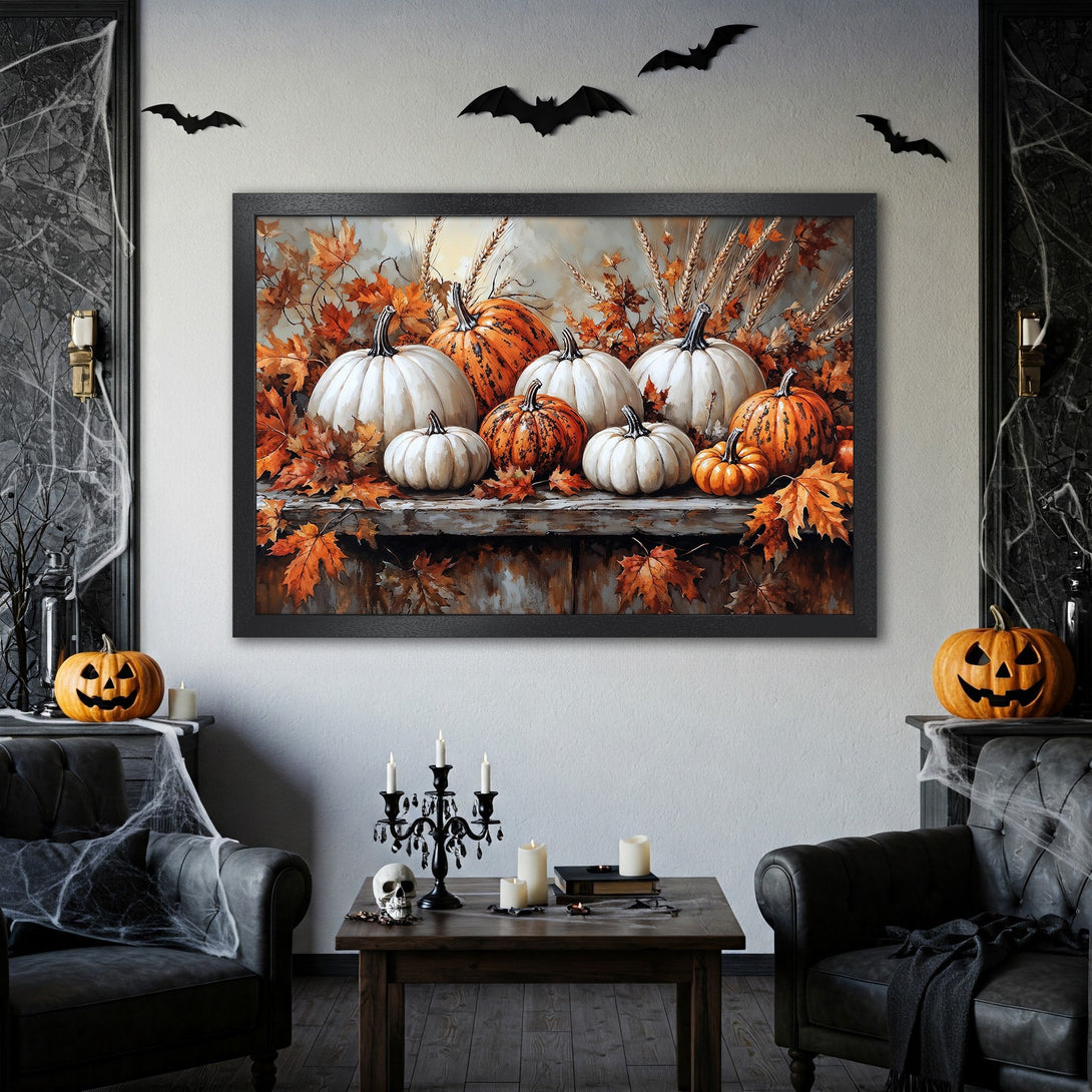 Framed Poster featuring a pumpkin still life in warm autumn colors. Perfect Halloween decor for your home.