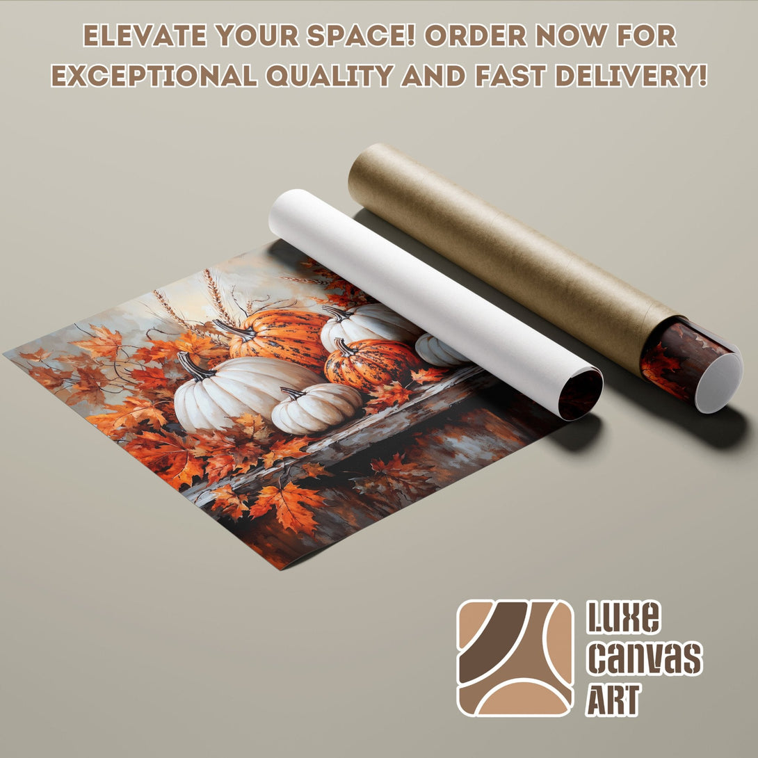 Poster Roll featuring a fall harvest scene with pumpkins, warm orange & white palette. Order now!