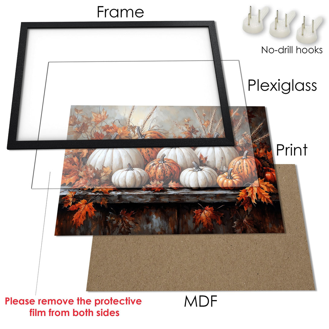 Framed Poster featuring pumpkins and autumn leaves in warm orange and white tones. Perfect fall decor!