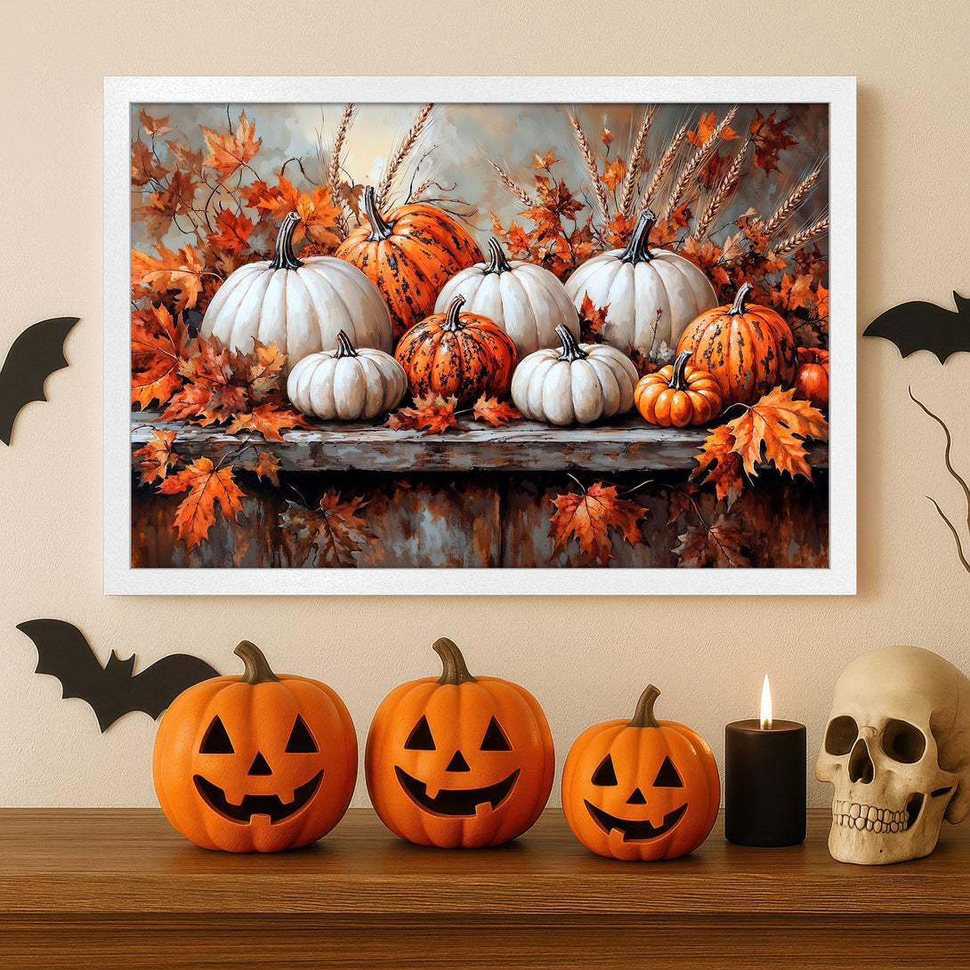 Framed Poster featuring pumpkins and autumn leaves in warm orange and white tones, perfect for Halloween decor.