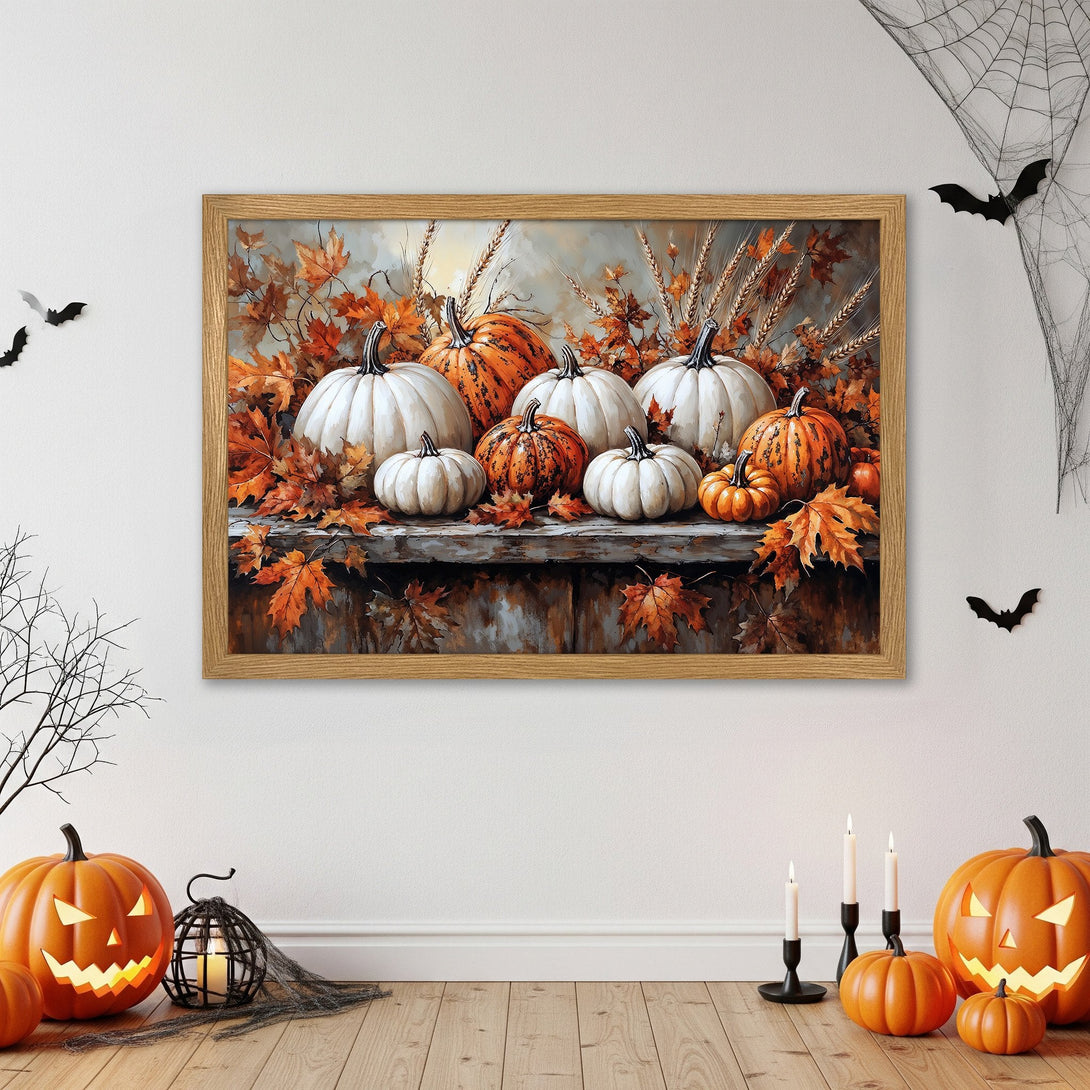 Framed Poster featuring pumpkins and autumn leaves in warm orange and white tones. Perfect fall decor!
