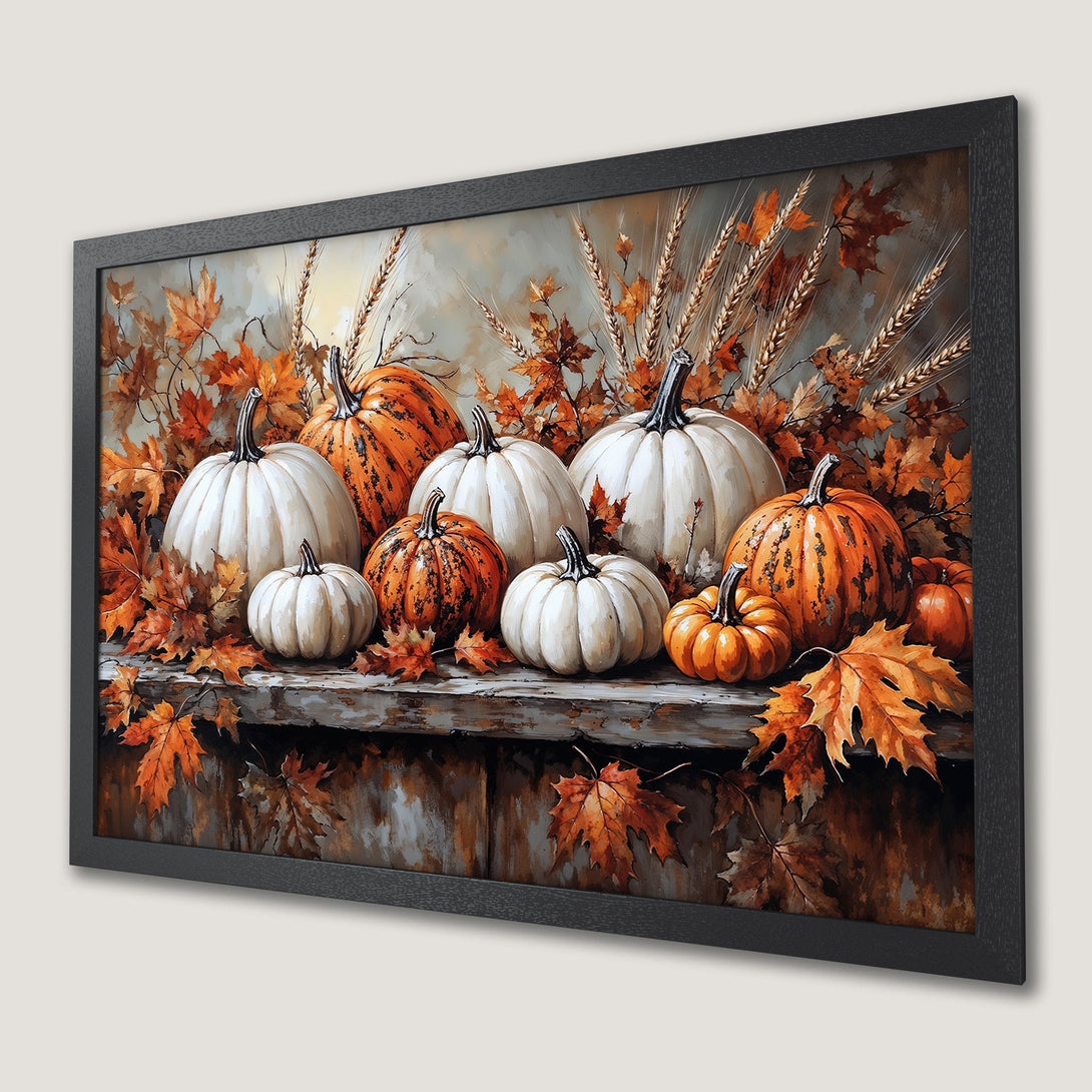 Framed Poster of pumpkins and autumn leaves, warm color palette, perfect fall decor.