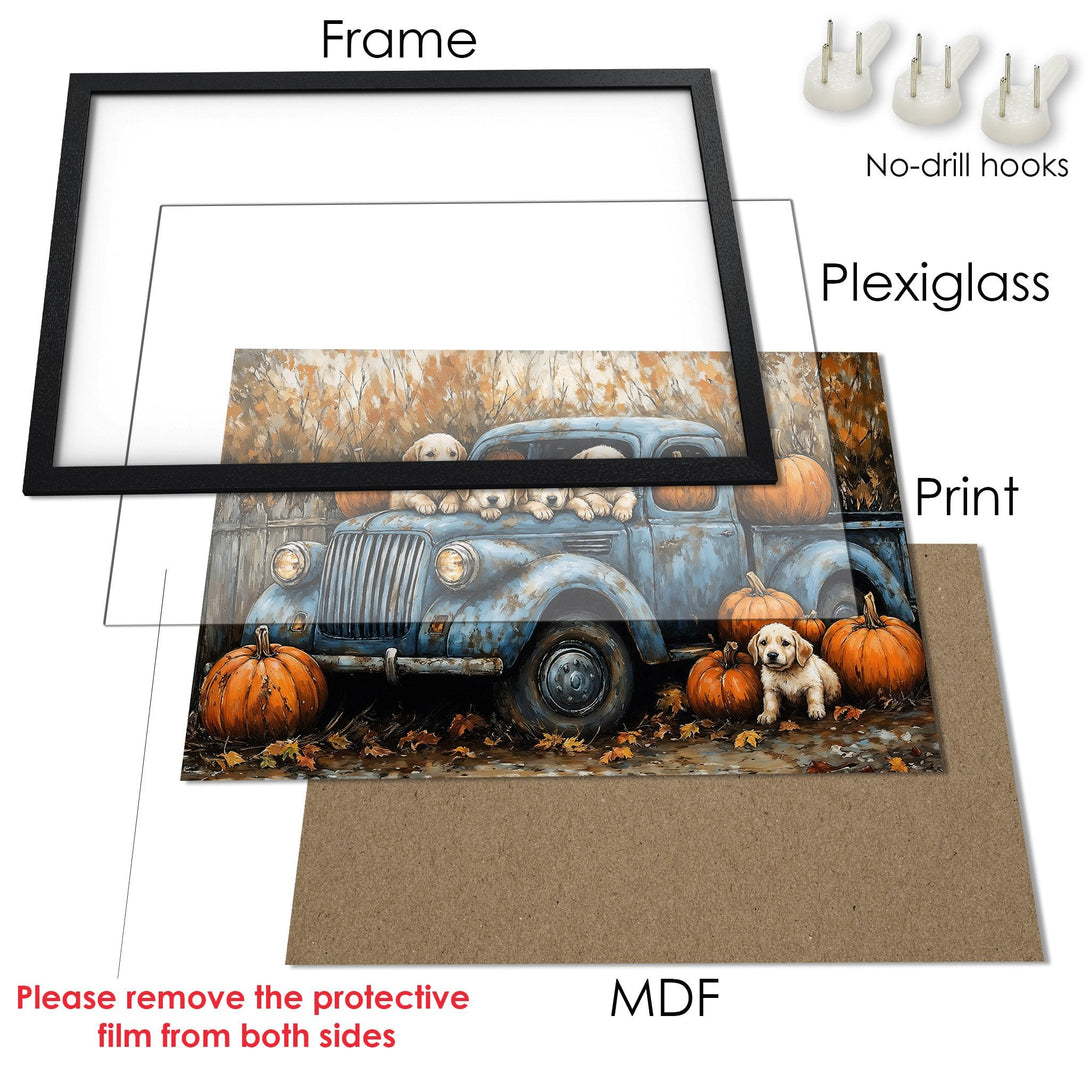 Framed Poster featuring a blue truck, puppies, and pumpkins in a warm, autumnal color palette. Perfect fall decor!