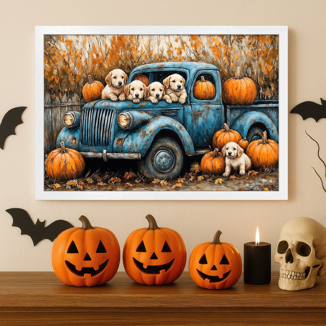 Framed Poster: Adorable puppies in a blue truck with pumpkins. Rustic style, warm orange & blue color palette. Perfect Halloween decor!