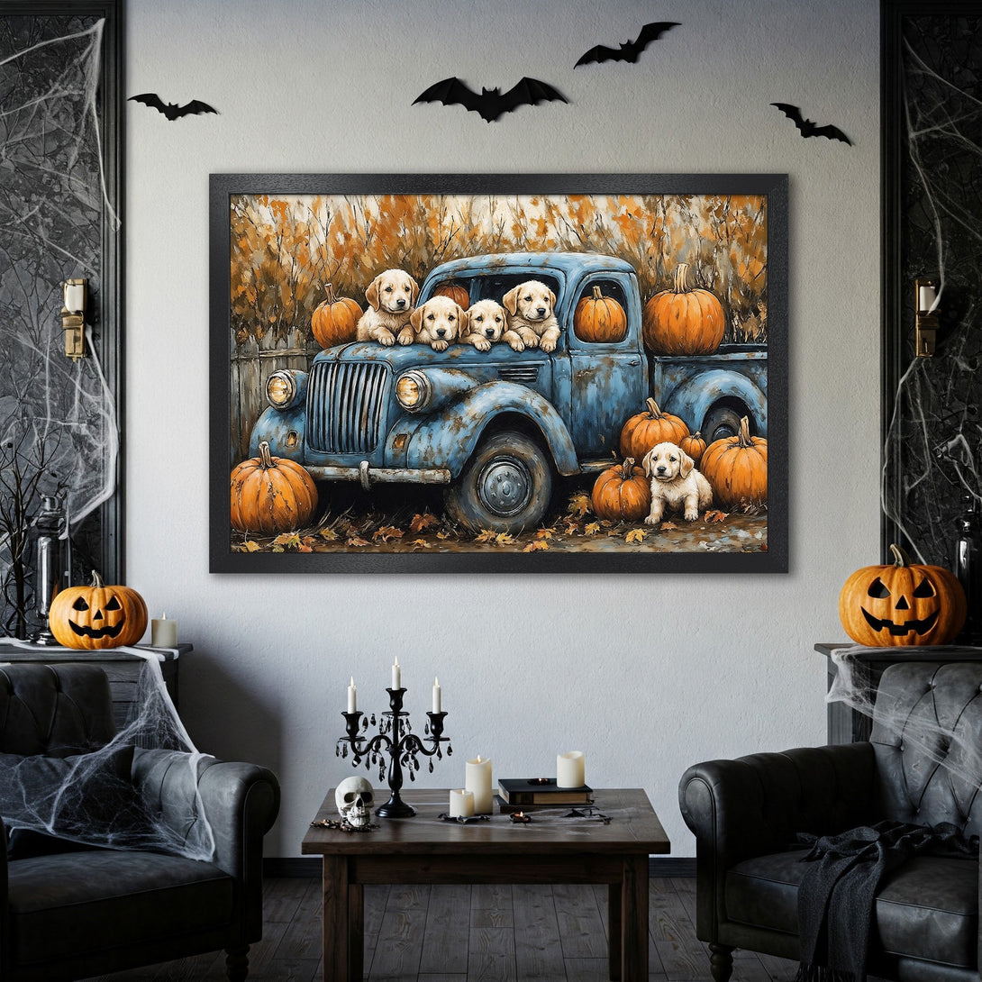 Framed Poster featuring puppies in a truck with pumpkins, autumnal style, warm orange and blue color palette, perfect Halloween decor.