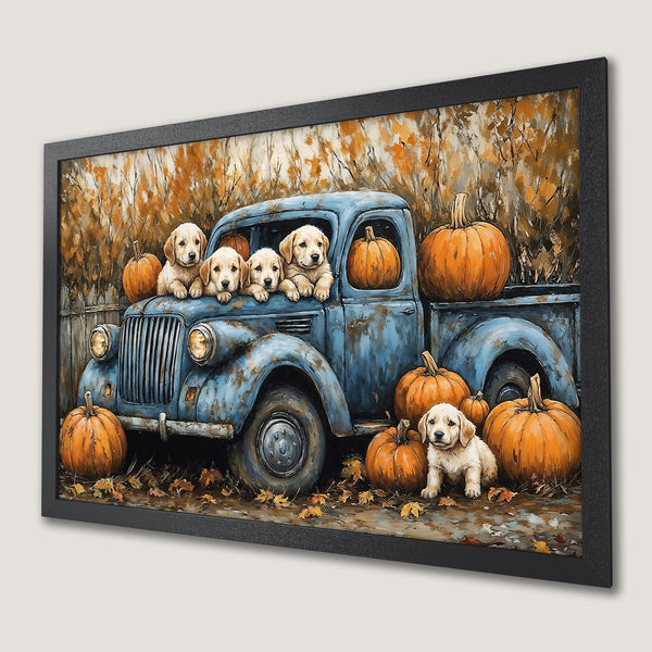 Framed Poster: Adorable puppies in a vintage truck with pumpkins. Rustic style, warm orange & blue color palette. Perfect fall decor!