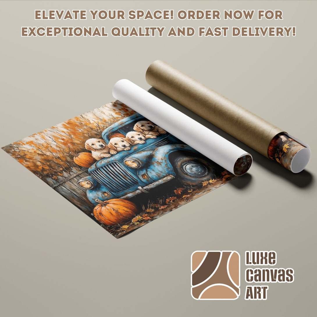 Poster Roll featuring puppies in a blue truck, warm autumn colors, perfect for home decor. Order now!